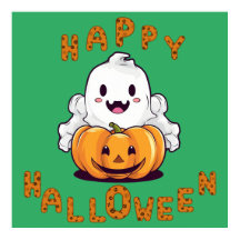 Glücklicher Halloween Geist sitzend auf einem Kürb