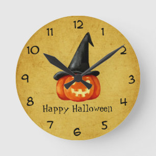 Glücklicher Halloween-Hexe-Kürbis Runde Wanduhr