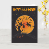 Glücklicher Halloween-Mond und Hexe 2 Karte (Gelbe Blume)