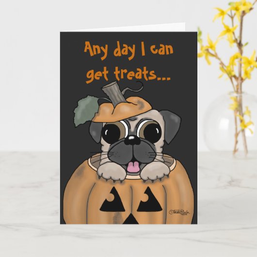 Glücklicher Halloween-Mops in Jack O Laterne Karte (Gelbe Blume)