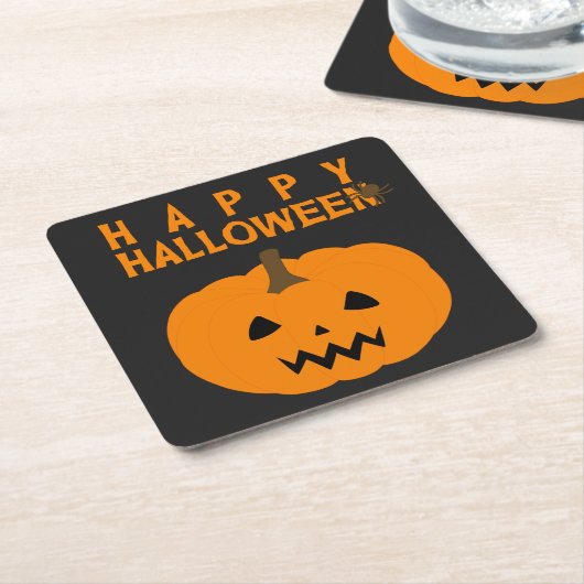 Glücklicher Halloween-Text und Kürbis auf Schwarz Rechteckiger Pappuntersetzer (angewinkelt)