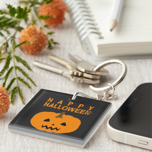 Glücklicher Halloween-Text und Kürbis auf Schwarze Schlüsselanhänger (Vorderseite rechts)