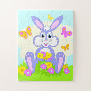 Glücklicher Hase Schmetterlinge Blumen Süßer Lila Puzzle