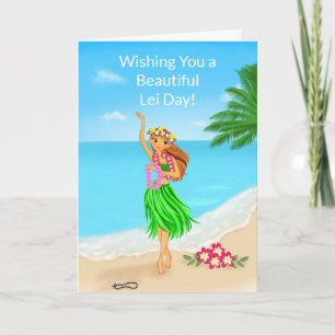 Glücklicher Hawaiian Lei Day Hula Mädchen Strand Karte