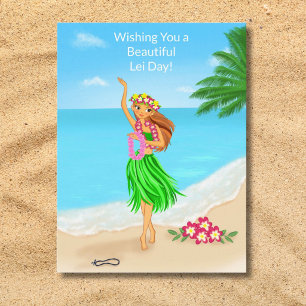 Glücklicher Hawaiian Lei Day Hula Mädchen Strand Postkarte