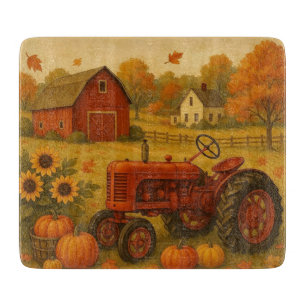 Glücklicher Herbst klassischer Traktor und Bauernh Schneidebrett