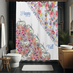 Glücklicher Herbst Weiße Kürbis Aquarell Blumen Bl Duschvorhang
