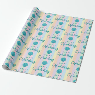 Glücklicher Hochzeitstext Blaue Meeresmuschel Bunt Geschenkpapier