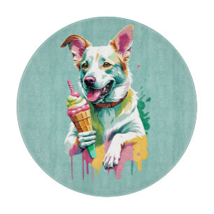 Glücklicher Hund, der ein Eis isst Schneidebrett