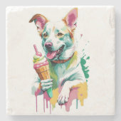 Glücklicher Hund, der ein Eis isst Steinuntersetzer (Vorderseite)