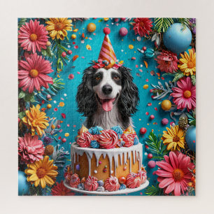 Glücklicher Hund feiert Geburtstag mit farbenfrohe Puzzle