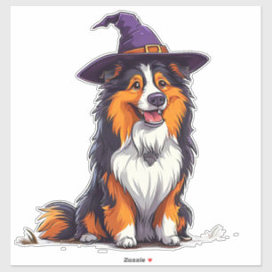 Glücklicher Hund mit einem Hexenhut Aufkleber