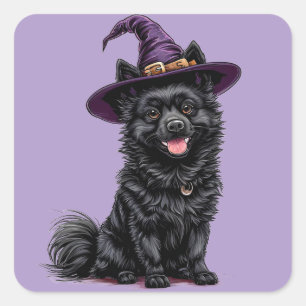 Glücklicher Hund mit einem Hexenhut Quadratischer Aufkleber