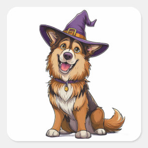 Glücklicher Hund mit einem Hexenhut Quadratischer Aufkleber