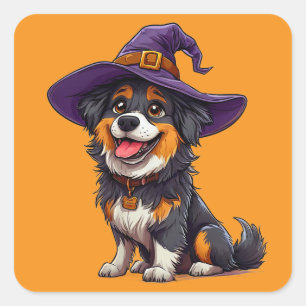 Glücklicher Hund mit einem Hexenhut Quadratischer Aufkleber