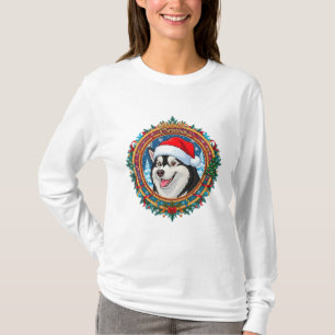 Glücklicher Husky-Hund in festlichem Weihnachtskra T-Shirt