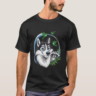 Glücklicher Husky mit Waschbär und Kolibris T-Shirt