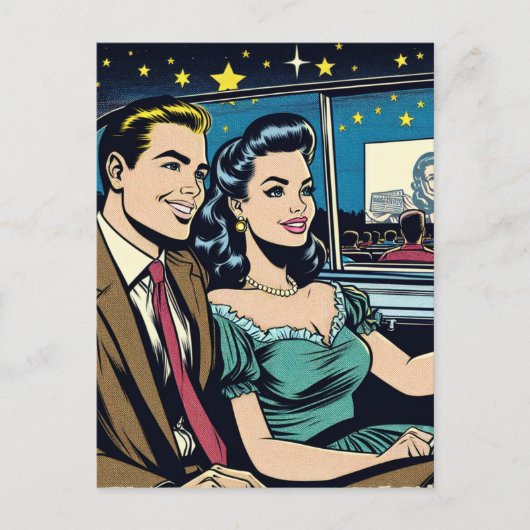 glücklicher Jahrestag | Retro Couple beim Drive-In Postkarte (Vorderseite)