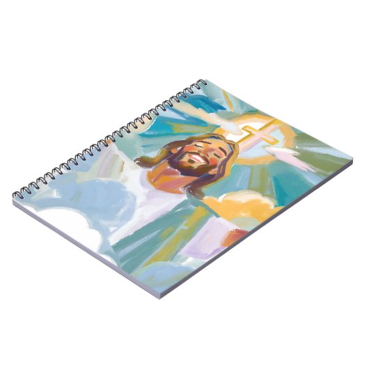 Glücklicher Jesus mit einem glühenden Cross Journa Notizblock (Linke Seite)