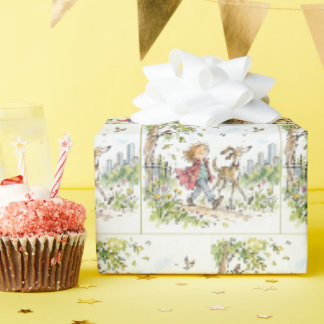 Glücklicher Junge und Hund im Stadtpark Geschenkpapier