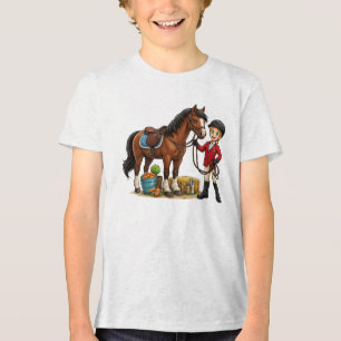 Glücklicher Junger Reiter Mit Schönem Pferd Cartoo Tri-Blend Shirt