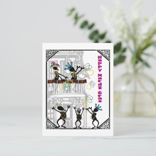 Glücklicher Karneval--Balkon-Szene Postkarte (Stehend Vorderseite)