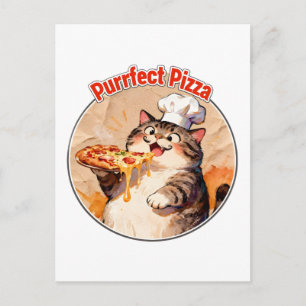 Glücklicher Katzenchef mit Pizza Postkarte