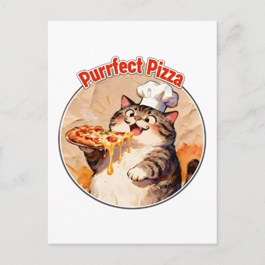 Glücklicher Katzenchef mit Pizza Postkarte (Vorderseite)