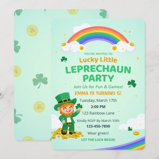 Glücklicher Kleiner Leprechaun Regenbogen-Kind Geb Einladung (Vorne/Hinten)