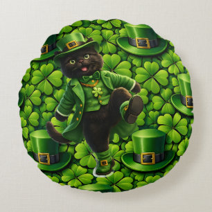 Glücklicher Kobold schwarze Katze St. Patrick's Da Rundes Kissen