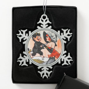 Glücklicher Krampus mit verführerischer Vintage-We Schneeflocken Zinn-Ornament