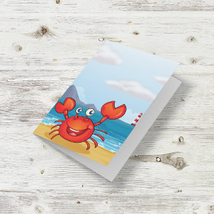 Glücklicher Krebs am Strand mit Leuchtturm Karte
