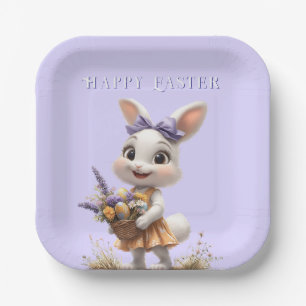 Glücklicher lächelnder Osterhase mit Ostereiern un Pappteller