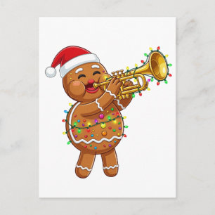 Glücklicher Lebkuchen-Musiker spielt Trompete Weih Postkarte