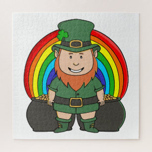 Glücklicher Leprechaun mit Regenbogentopf voll Gol Puzzle