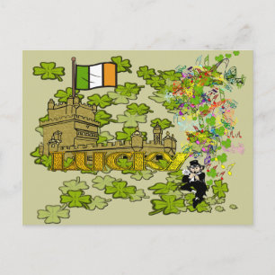 Glücklicher Leprechaun und sein irisches Schloss Postkarte