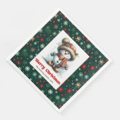Glücklicher lustiger Schneemann mit Schneeflocken- Serviette (Ecke)