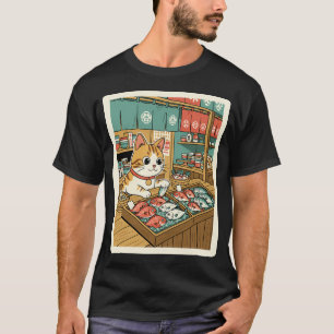 Glücklicher Marktkater beobachtet frischen Fisch a T-Shirt