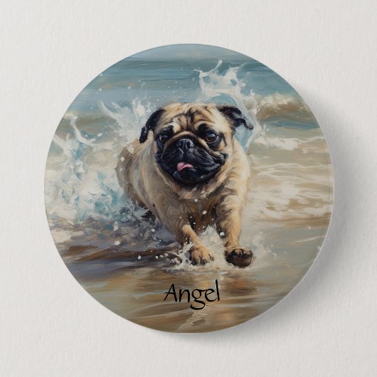 Glücklicher Mops am Strand individuell anpassbar Button (Vorderseite)