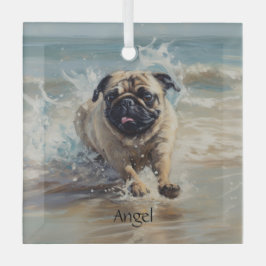 Glücklicher Mops am Strand individuell anpassbar Ornament Aus Glas