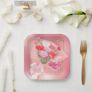 Glücklicher Muttertag Blumenbouquet   Rosa und Gol Pappteller