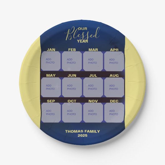 Glücklicher Neujahrsfeiertag im Foto des gesegnete Pappteller (Vorderseite)