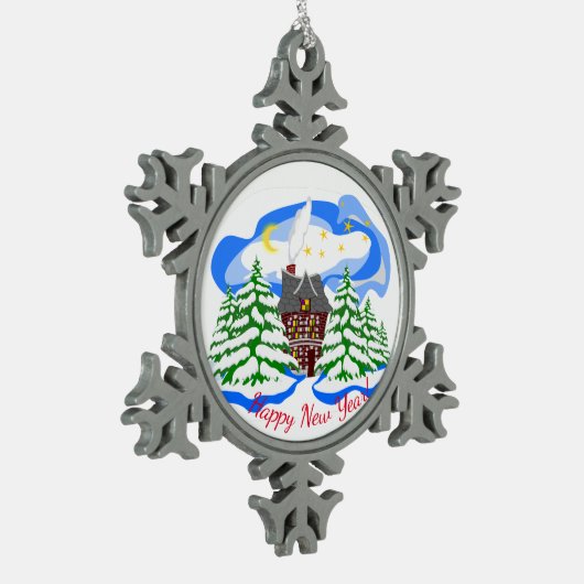 Glücklicher Neujahrsgruß Schneeflocken Zinn-Ornament (Links)