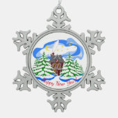 Glücklicher Neujahrsgruß Schneeflocken Zinn-Ornament (Vorderseite)
