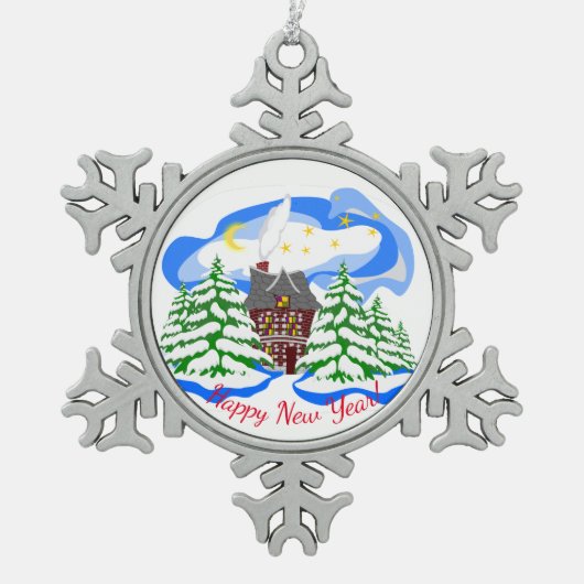 Glücklicher Neujahrsgruß Schneeflocken Zinn-Ornament (Vorderseite)