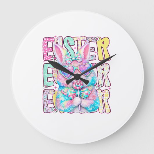 Glücklicher Osterhase Coquette Schleife Preppy Ost Große Wanduhr (Vorderseite)