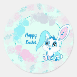 Glücklicher Osterhase Cute Blue Kawaii Runder Aufkleber