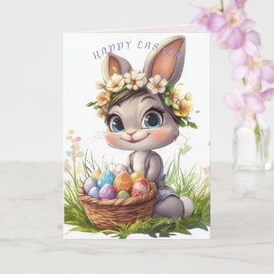 Glücklicher Osterhase Korb Eier Blumen Karte