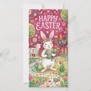 Glücklicher Osterhase mit dekoriertem Ei Feiertagskarte