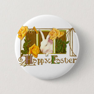 Glücklicher Osterhase mit gelben Rosen Button